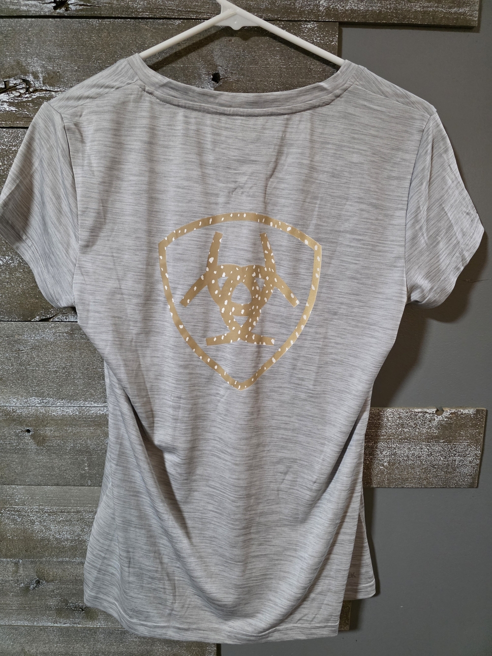 Ariat Heather Light Gray Tee with Metallic Gold Shield Graphic